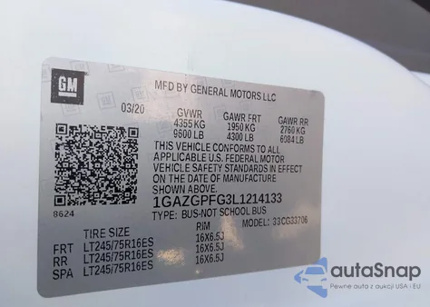 2020 Chevrolet Express Passenger Rwd 3500 Extended Wheelbase Lt z USA, uszkodzony, nr VIN 1GAZGPFG3L1214133